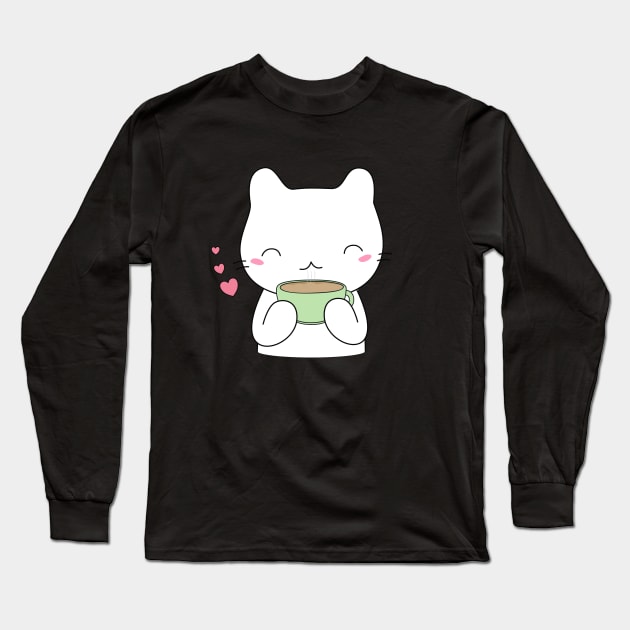 Cute Coffee Cat T-Shirt Long Sleeve T-Shirt by happinessinatee